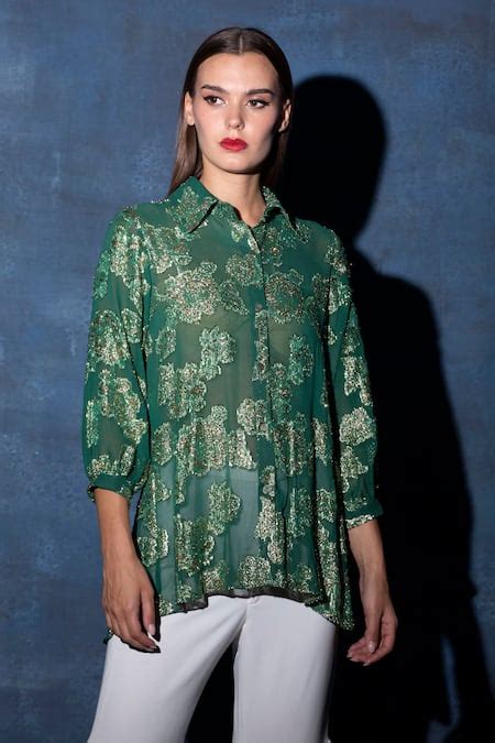 Buy Green Georgette Embroidery Collared Tie-knot Back Top For Women by ...