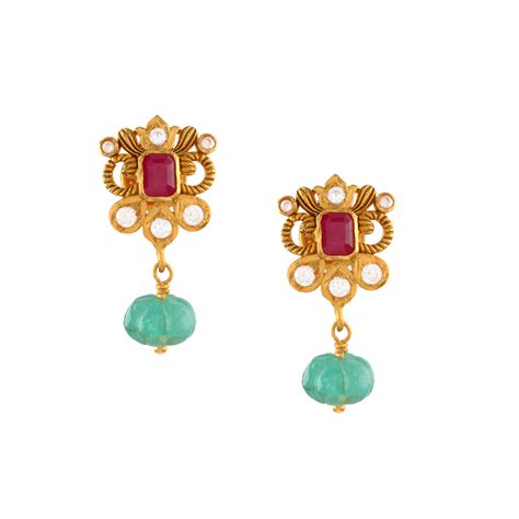Buy 22K Gold Earrings With Karbuja Emerald Beads Online – Krishna ...