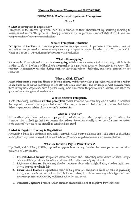 PGDM Unit 2: Perception and Cognitive Biases in Negotiation - Studocu