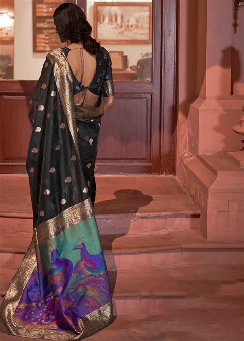 Midnight Black Woven Chanderi Banarasi Fusion Silk Saree - C