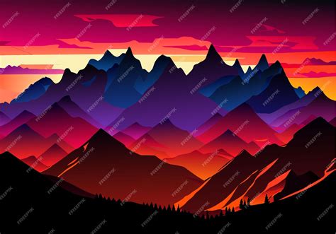 Premium Vector | Majestic mountains cast silhouette against vibrant sunset