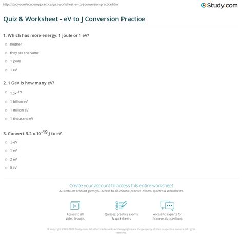 Quiz & Worksheet - eV to J Conversion Practice | Study.com