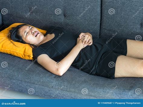 Female Suffering from Abdominal Pain Period Cramp,Woman Having Painful Stomachache in Bedroom ...