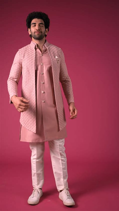 Onion Pink Jacket Kurta Set In Silk Blend With Threadwork And Sequins ...