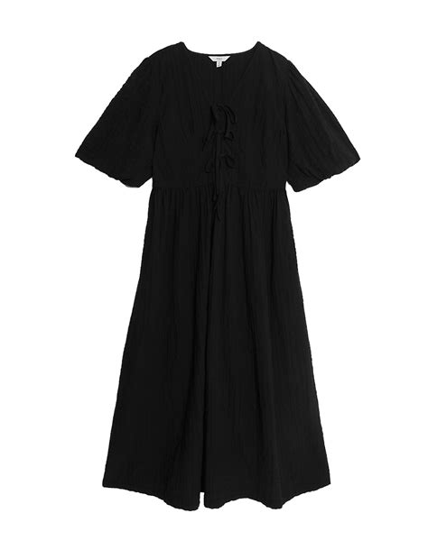 Buy Cotton Rich Textured V-Neck Midi Waisted Dress at Marks & Spencer