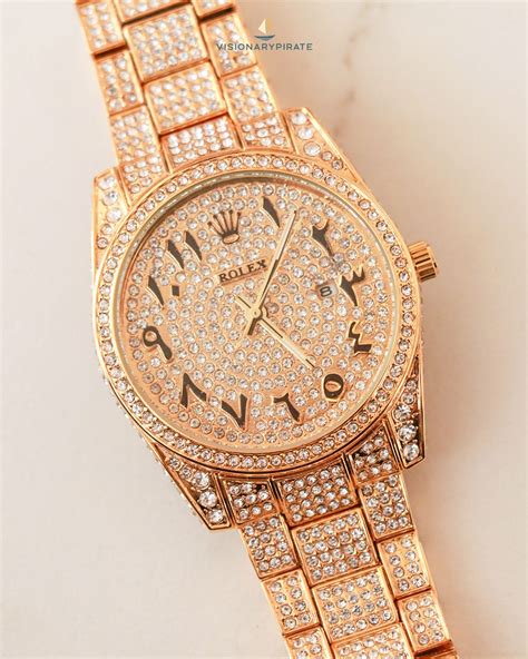 Rose Gold Roman Numbers Studded Diamond Chain Chrono Watch For Men ...
