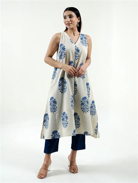Buy White Hand Block Printed Cotton Linen Kurta | CyanB46/CYIN8 | The loom