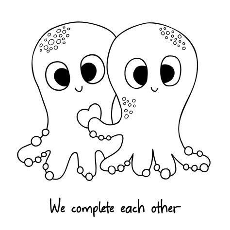 Cute couple of octopuses with heart. Valentines card with funny character in love. We complete ...