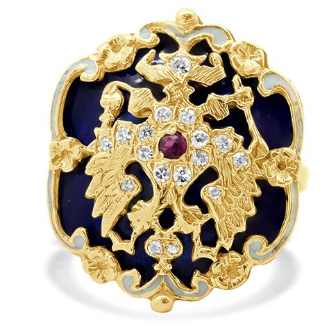 14 Karat Yellow Gold Russian Imperial Eagle Diamond and Enamel Ring – E ...