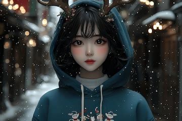 Anime girl in winter wonderland with reindeer antlers | Premium AI ...