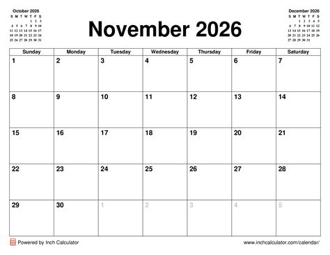 November 2026 Calendar - Inch Calculator