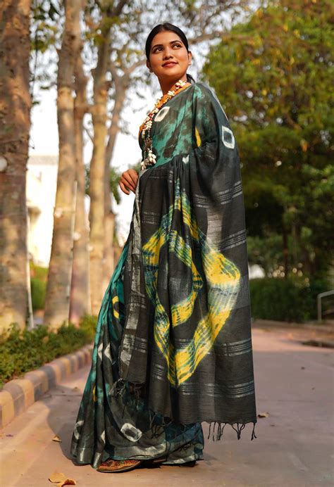 Soft on Skin Ready made Sea Blue Tie & Die saree With Tassel on pallu