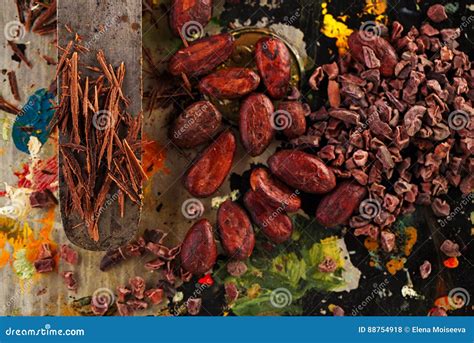 Raw Cacao Nibs, Shredded Chocolate and Cocoa Beans Stock Photo - Image ...