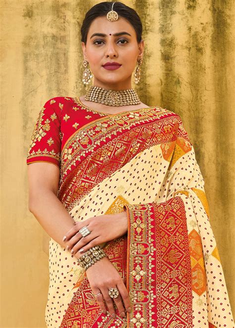 Off-White Red Color Pure Dola Silk Gota Patti Embroiderey Work Saree ...