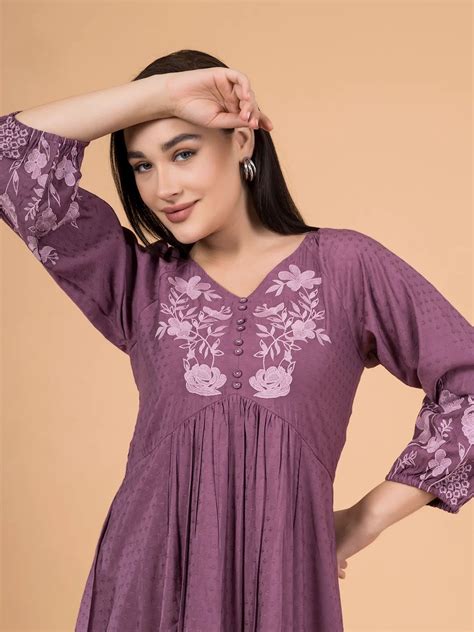 Plum Boho Dress with Floral Embroidery – Saffron Threads