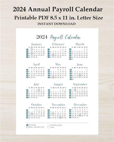 2024 Annual Printable Payroll Calendar, Download Yearly, 12/25/2023