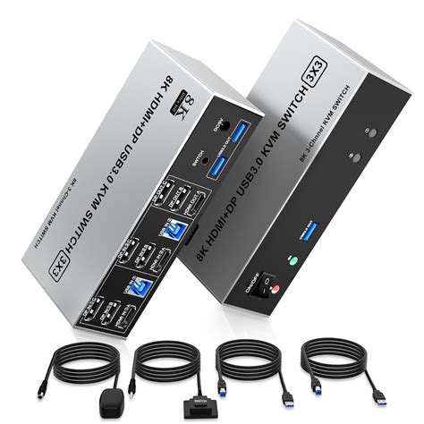 2 Displayport + HDMI KVM Switch Triple Monitor 3 Port 8K@60Hz 3 ...