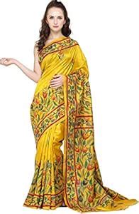 Exotic India Golden-Rod Saree from Kolkata with Kantha Hand-Embroidered ...