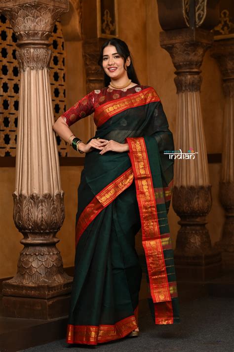 Parampara ~ Pure Cotton Saree in Regal Dark Green with Exclusive Zari ...