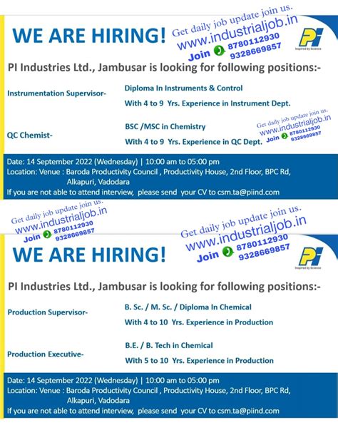 Pi industries Ltd jambusar Vadodara Gujarat Jobs for Production ...