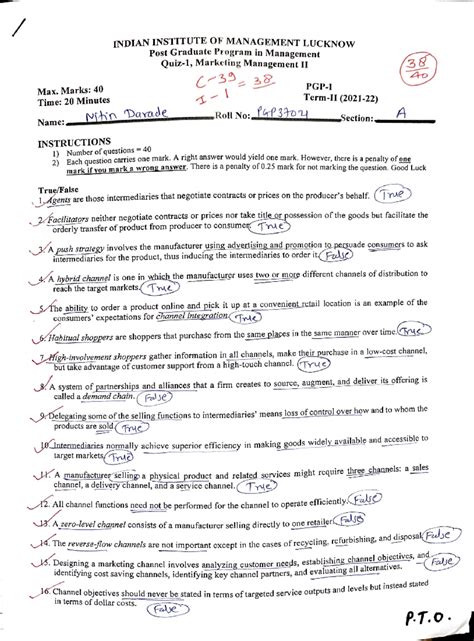 PGP 37 - MM2 - PPD - Quiz 1 - quiz - INDIAN INSTITUTE OF MANAGEMENT ...
