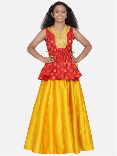 Shop Bitiya by Bhama Girls Red & Mustard Yellow Woven Design Gota Patti ...