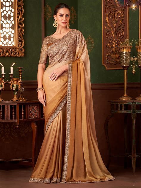 Embroidered Designer Golden Shaded Sartin Chiffon Traditional Saree-40 ...