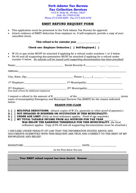 Emst Refund Request Form - York Adams Tax Bureau printable pdf download