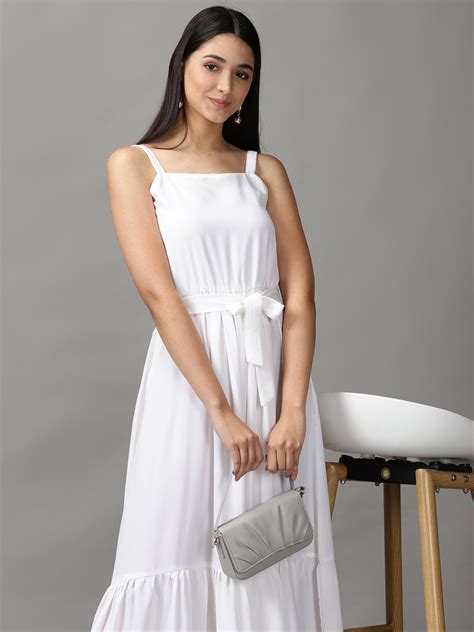 SHOWOFF Women White Solid Shoulder Straps Sleeveless Maxi Fit and Flare ...