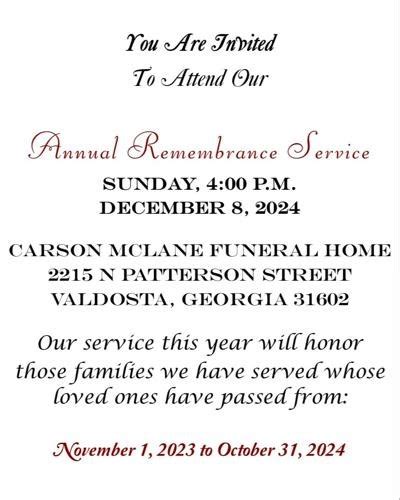 Annual Remembrance Service Obituary (2024) - Valdosta, GA - Carson ...