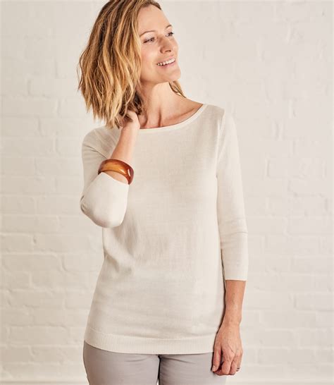 Cream | Womens Cotton Silk Boat Neck 3/4 Sleeve Sweater | WoolOvers US