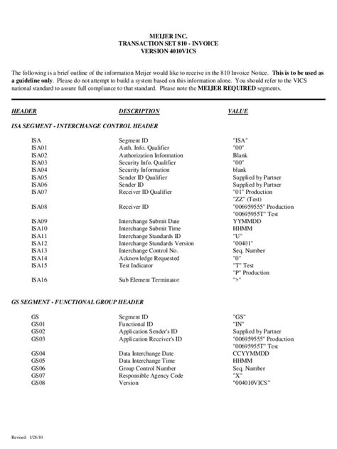 Fillable Online E.D.I.. Transaction Set 810 - Invoice Version 3050/VICS ...