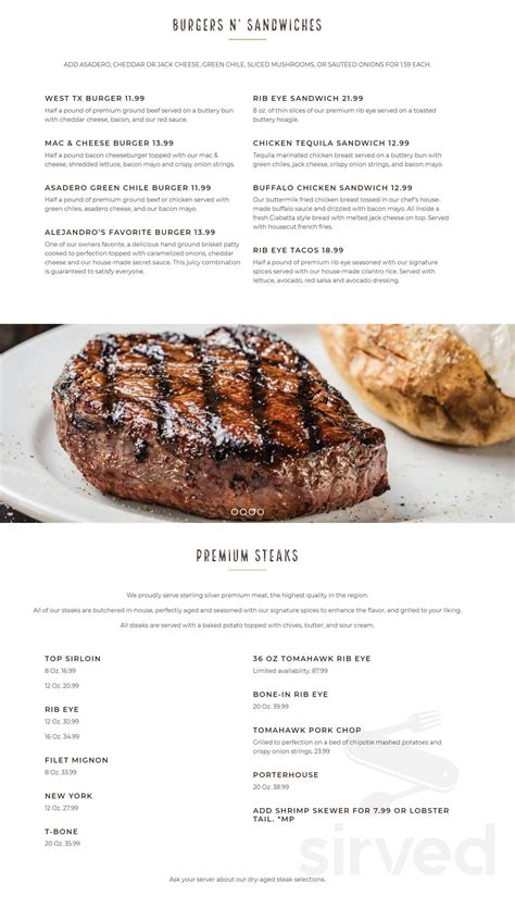 West Texas Chophouse Las Palmas Center menu in El Paso, Texas, USA