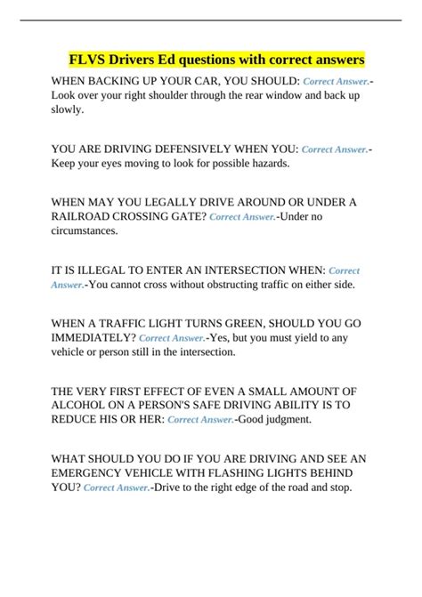 FLVS Drivers Ed questions with correct answer1. - Flvs driver - Stuvia US