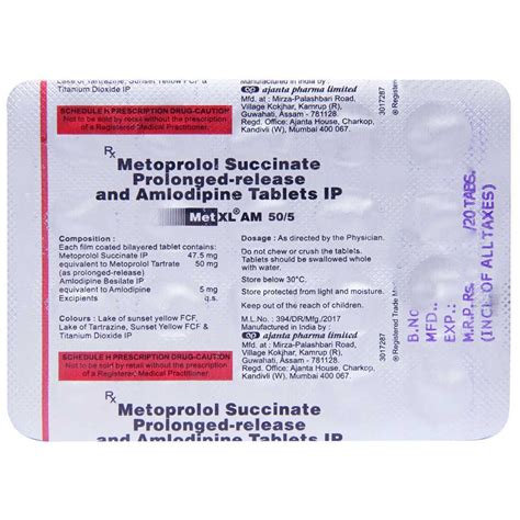 Met XL AM 50/5 Tablet 20's Price, Uses, Side Effects, Composition ...
