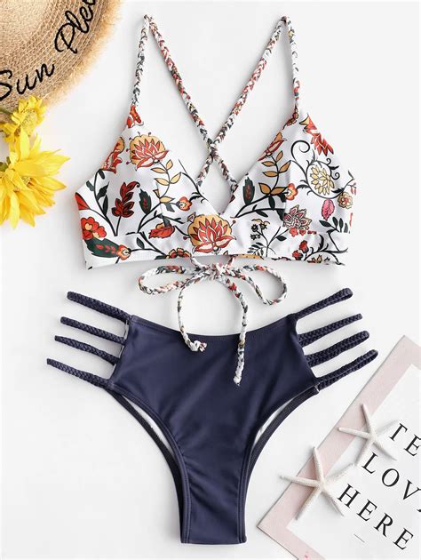 ZAFUL Bikini Flower Braided Lace Up Sexy Bikini Set Spaghetti Straps ...