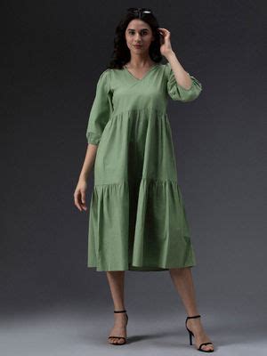 Buy High Star V-Neck Puff Sleeve Gathered Tiered Cotton A-Line Midi ...