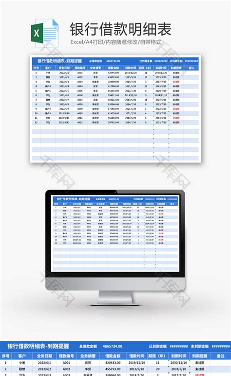 银行借款明细表Excel模板_千库网(excelID：171847)