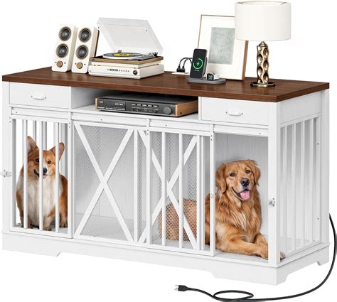 YITAHOME 63 Inch Double Dog Crate TV Stand with Charging Station, Heavy Duty Wooden Dog Crate ...