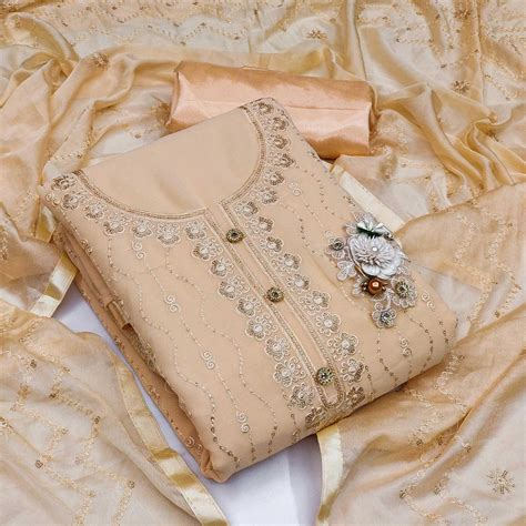 Cream Festive Wear Floral Embroidered Georgette Dress Material