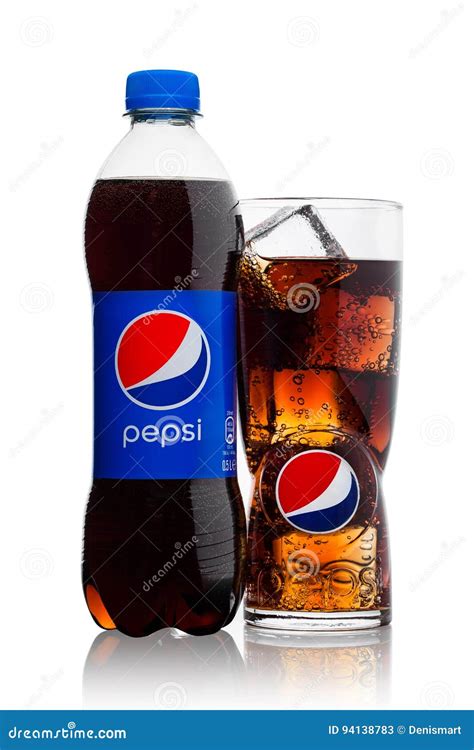 LONDON, UK - JUNE 9, 2017: Bottle and Glass with Ice Cubes of Pepsi ...