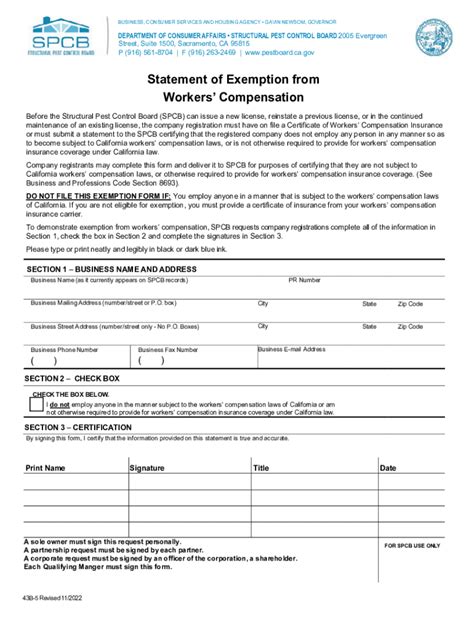 California Workers’ Compensation Exemption Form - Blank Fillable ...