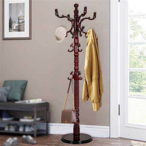 73" Wooden Coat Stand Coat Racks Freestanding With 14 Hooks And Solid ...