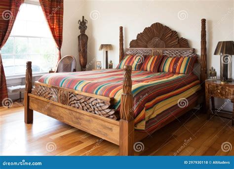 A Bedroom Featuring a Polished Wooden Bed Frame with Intricate Carvings ...