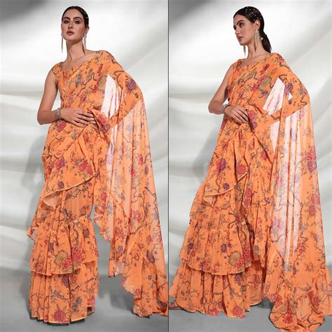 Orange Floral Printed Georgette Frill Saree
