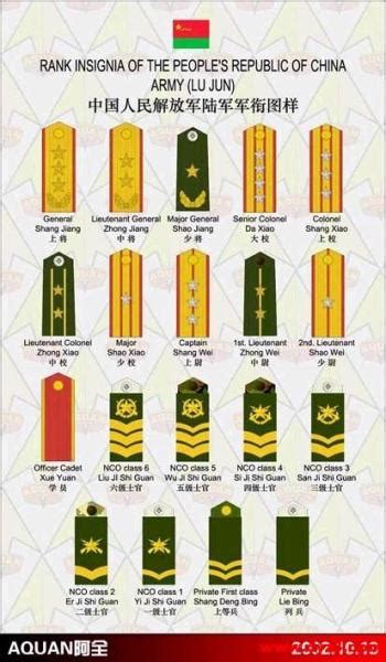 中国陆军的肩章代表的军衔（要图片）
