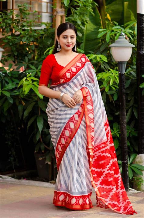 Printed White Color Lining Saree, Pure Linen Saree – Ibis Fab