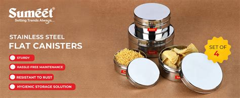 Buy Sumeet Stainless Steel Flat Canisters/Puri Dabba/Storage Containers ...