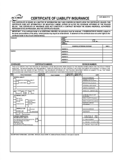 Liability Insurance Certificate Form 的图像结果