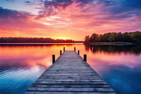 Wooden pier on the lake at sunset. Beautiful summer landscape, Small ...